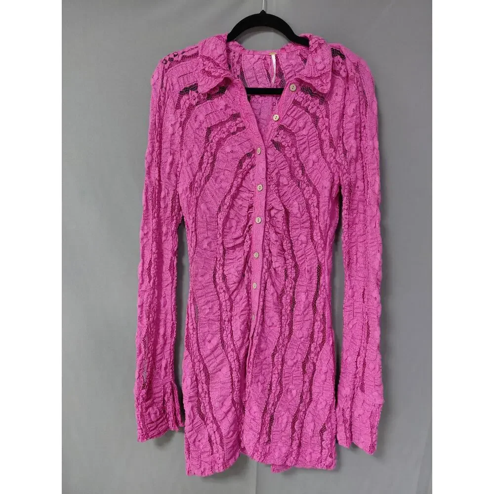Free People Metal Pink Collared Mini Ruffle Knit Dress Women Size S